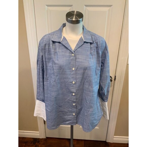FRAME Blue Boxy Pleated Contrast Cuff Button Up Shirt, Size M - Picture 2 of 9